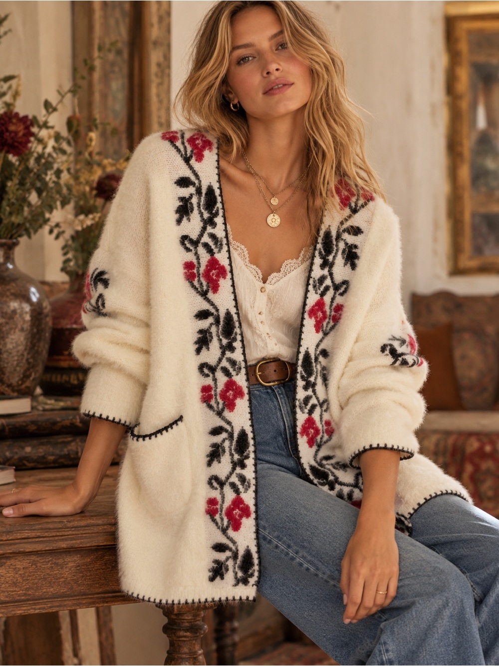 Anthropology Sunday in Brooklyn Embroidered
Fuzzy Knit Cardigan Sweater